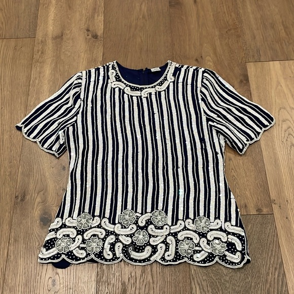Vintage Lawrence Kazan Beautiful Beaded Sequin Blouse Top Shirt Silk Size L - Picture 1 of 13
